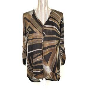 Clara Sun Woo Brown Black Knit Button Front Split Back Hem Tunic Top Size Medium